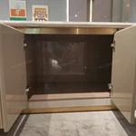 Contemporary TV Stand with Marble Top, Fluted Panels and Brushed Gold Accent Handles